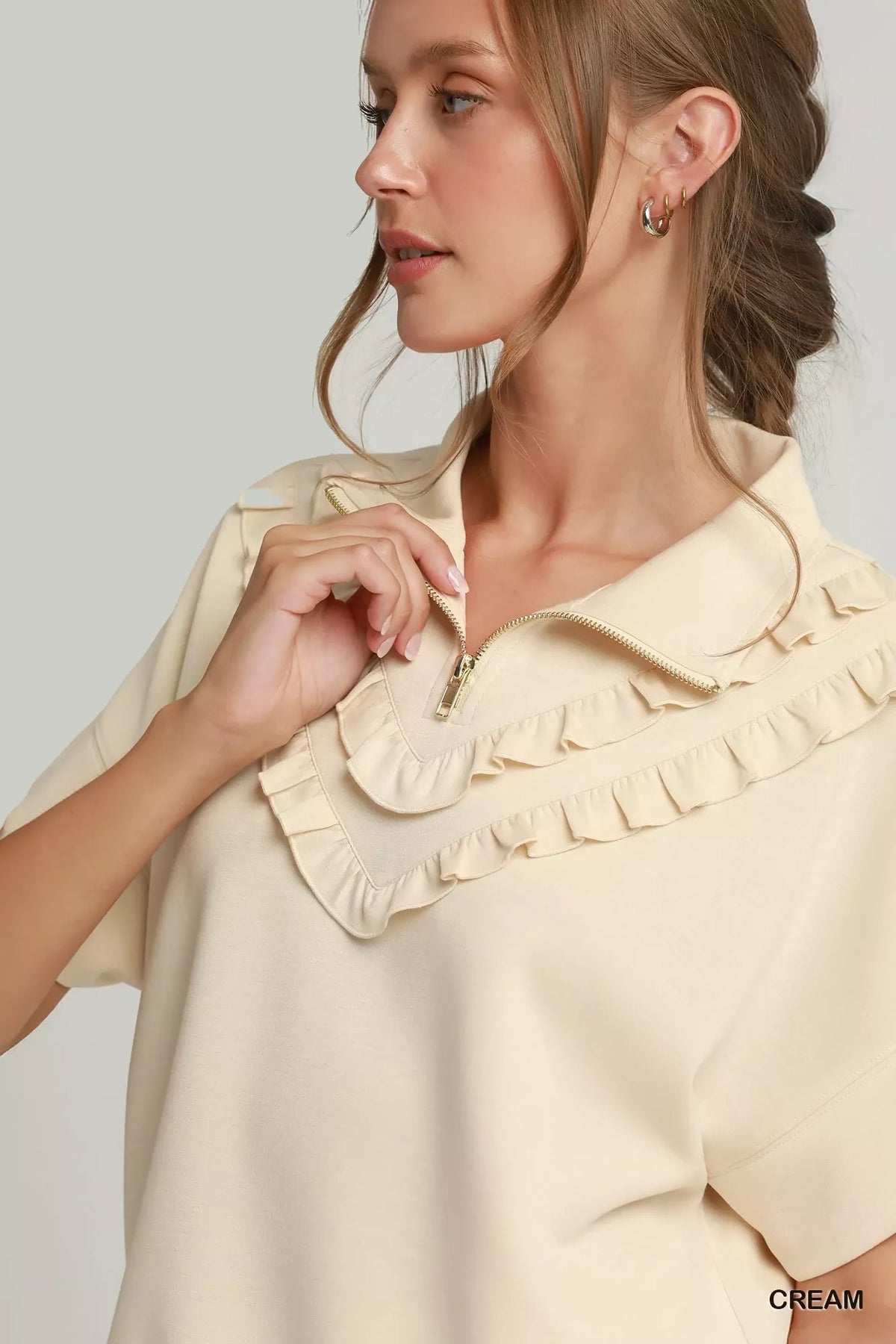 Umgee Ruffle Quarter Zip Short Sleeve Top