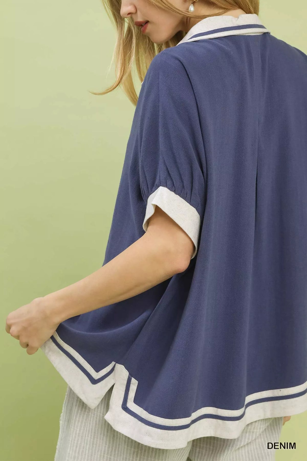 Umgee Linen Button Front Top with Contrast Piping