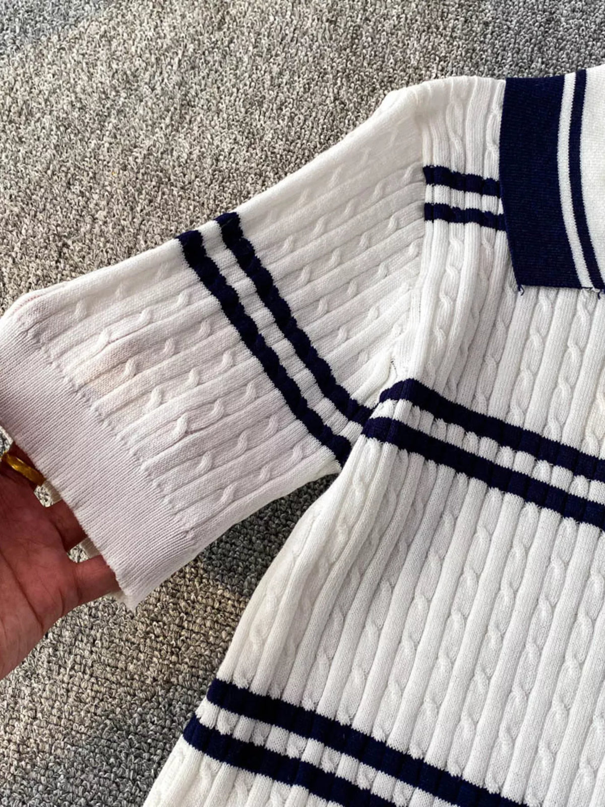 Striped Knit Polo Collar Top