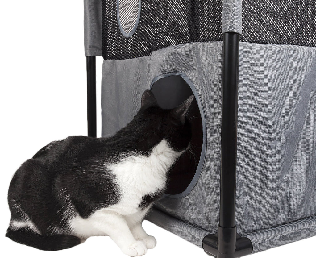 Pet Life ® 'Kitty-Square' Collapsible Travel Interactive Kitty Cat Tree Maze House Lounger Tunnel Lounge