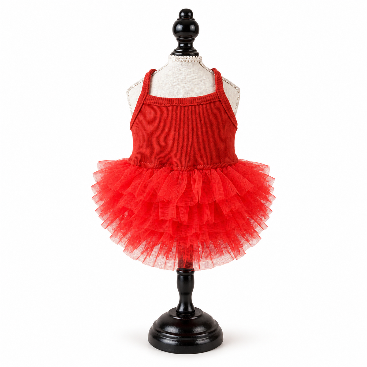 Red Ribbed Knit Dog Tutu Dress with Tulle Skirt