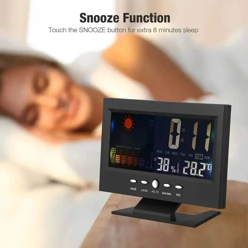 Vibrant Digital Weather Alarm Clock with Voice Control